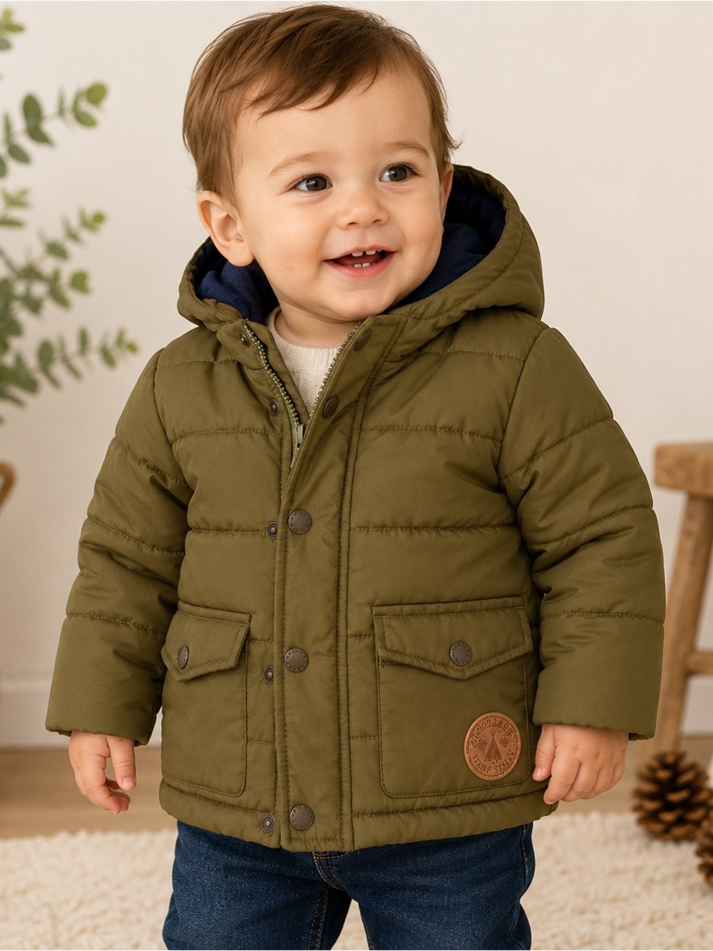Kids Hooded Puffer Jacket - Olive